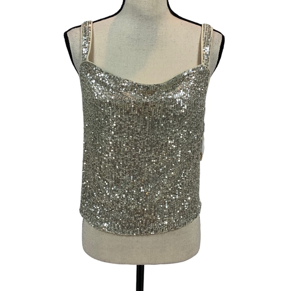 1 State Wide Strap Drape Neck Sequin Tank Top - Cream - size Small